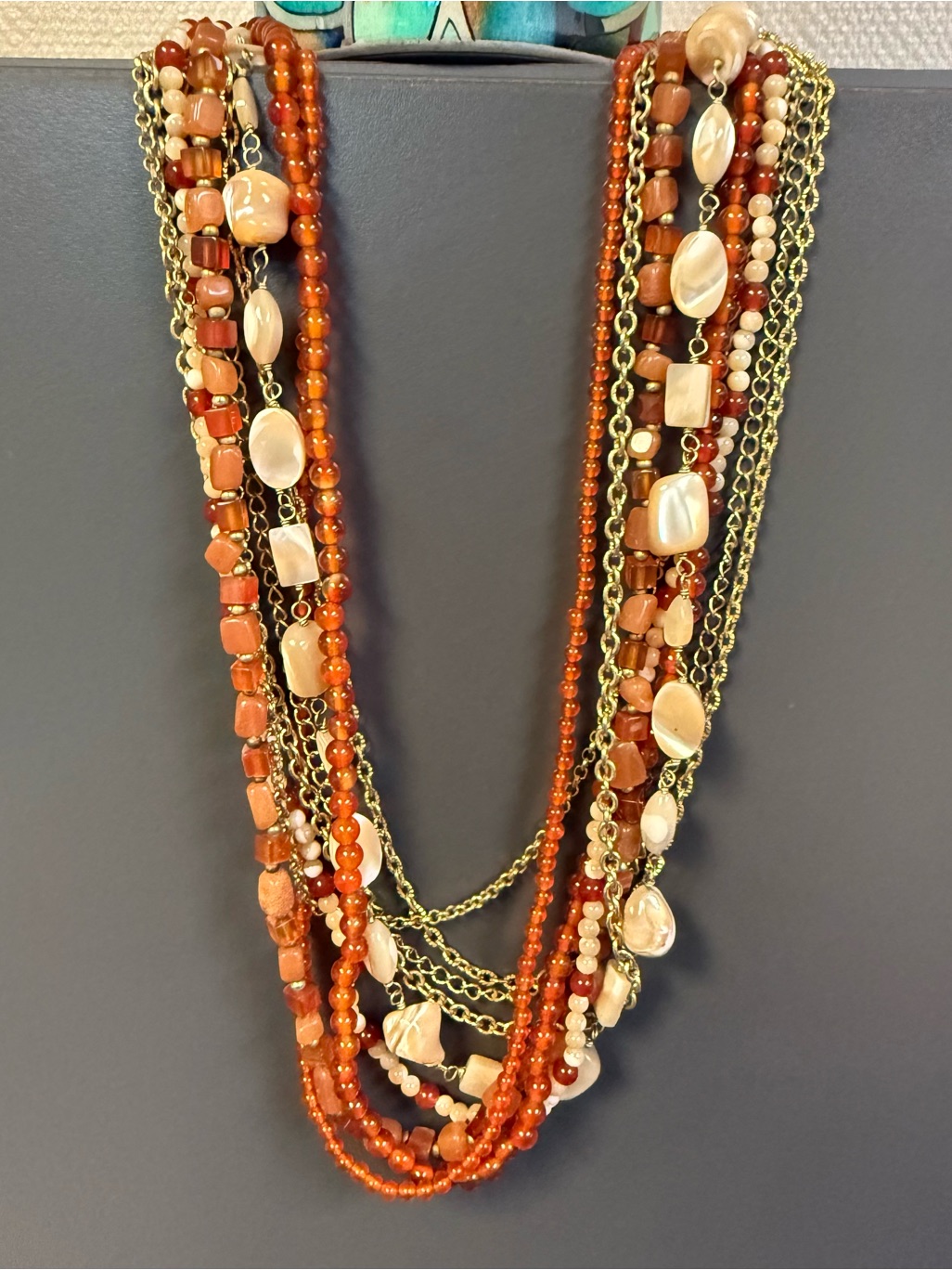 Multi-Strand Statement Necklace Featuring Orange Carnelian Beads & Beige Stones